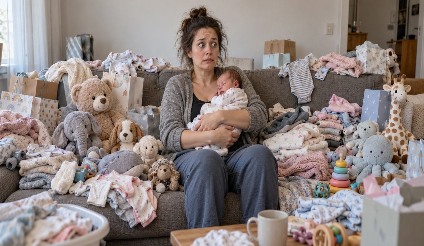 A new mother and baby surrounded by an excessive number of baby gifts